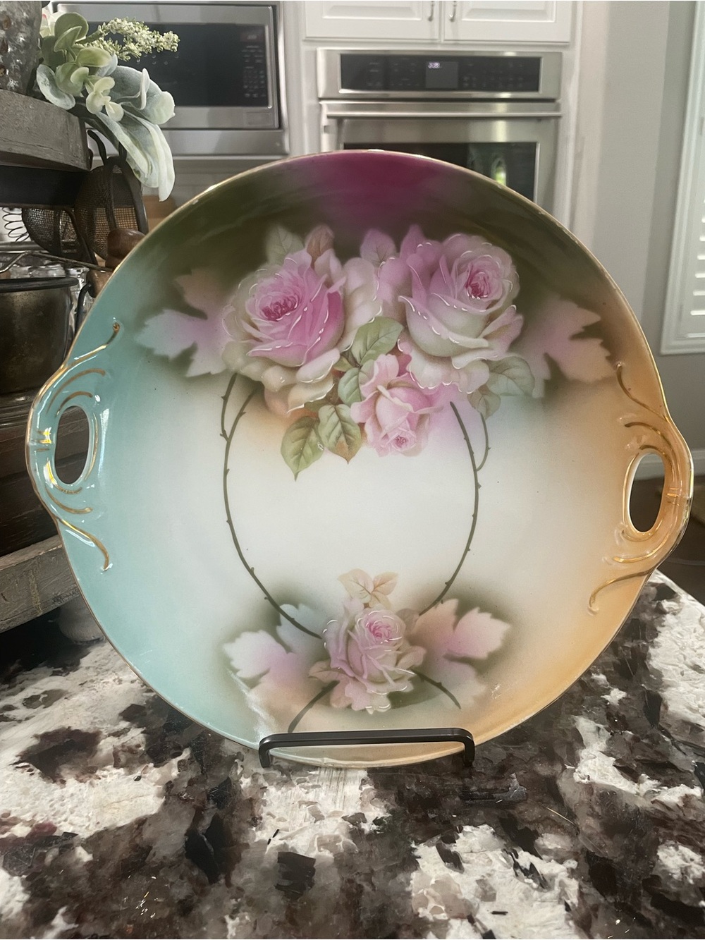 Kahla (Germany) Hand-Painted Pink Rose Porcelain Decorative Platter